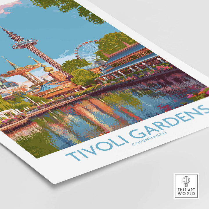 Tivoli Gardens Copenhagen art print showcasing the iconic amusement park with vibrant colors and reflections.