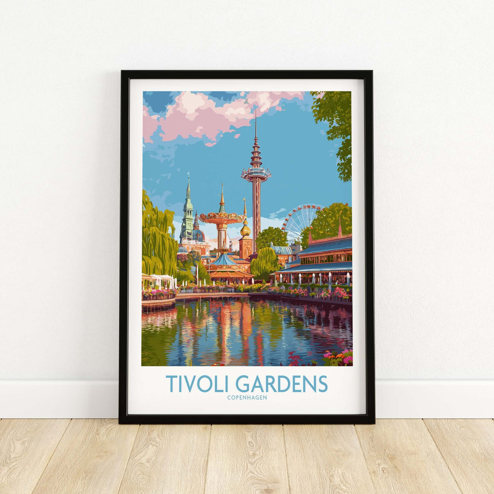 Tivoli Gardens Copenhagen art print featuring iconic amusement park and vibrant colors.