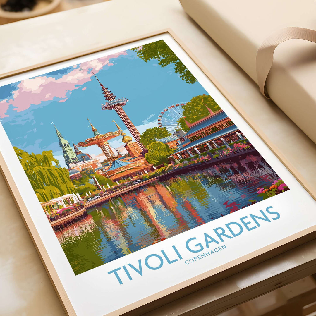 Tivoli Gardens Copenhagen art print showcasing iconic amusement park scenery and vibrant reflections on water.