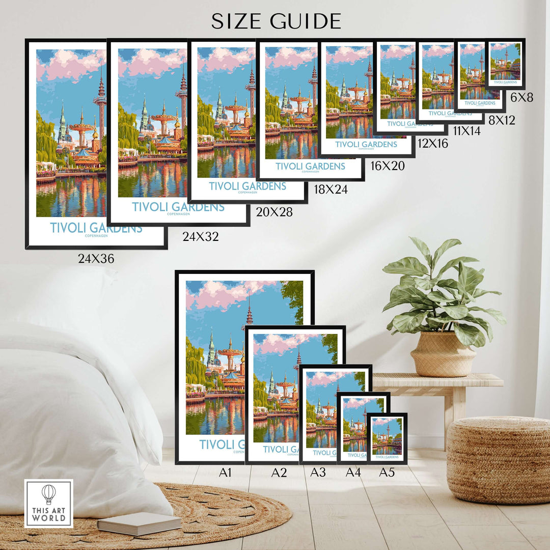 Size guide for Tivoli Gardens Copenhagen art print showcasing various frame sizes.