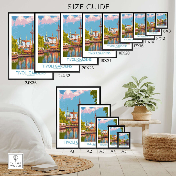 Size guide for Tivoli Gardens Copenhagen art print showcasing various frame sizes.