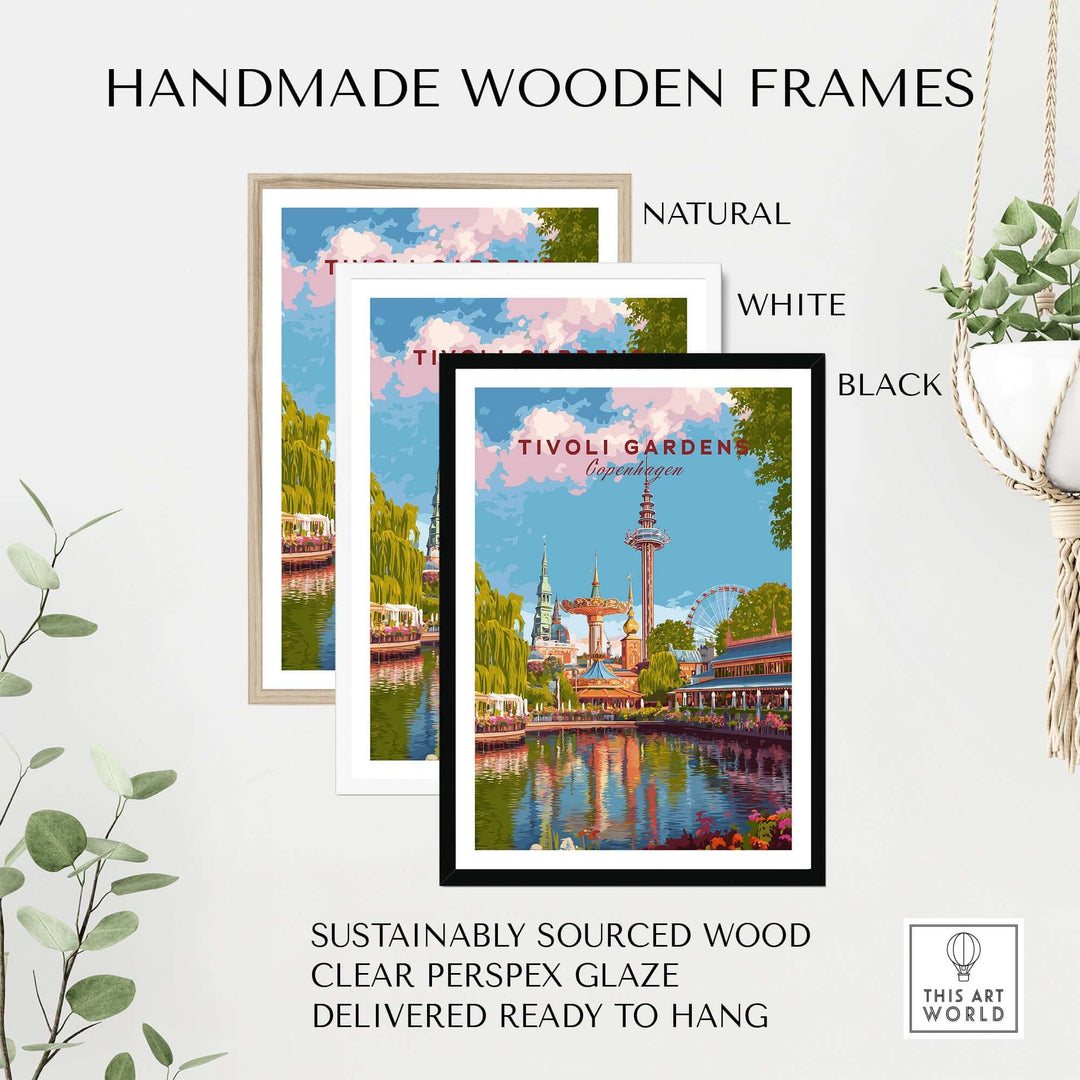 Handmade wooden frames in natural, white, and black, displaying Tivoli Gardens Copenhagen wall art print.