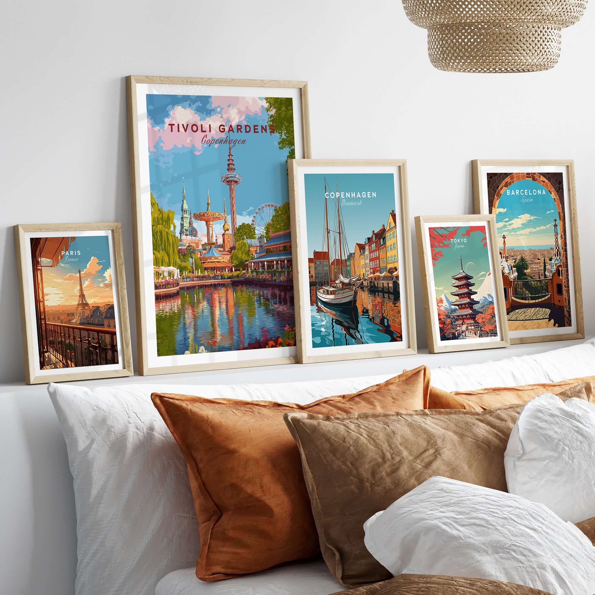Tivoli Gardens Copenhagen Wall Art Print - Denmark Poster displayed in a cozy living room with other city posters.