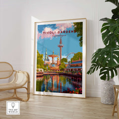 Tivoli Gardens Copenhagen Wall Art Print - Denmark Poster showcasing vibrant colors and iconic amusement park features.