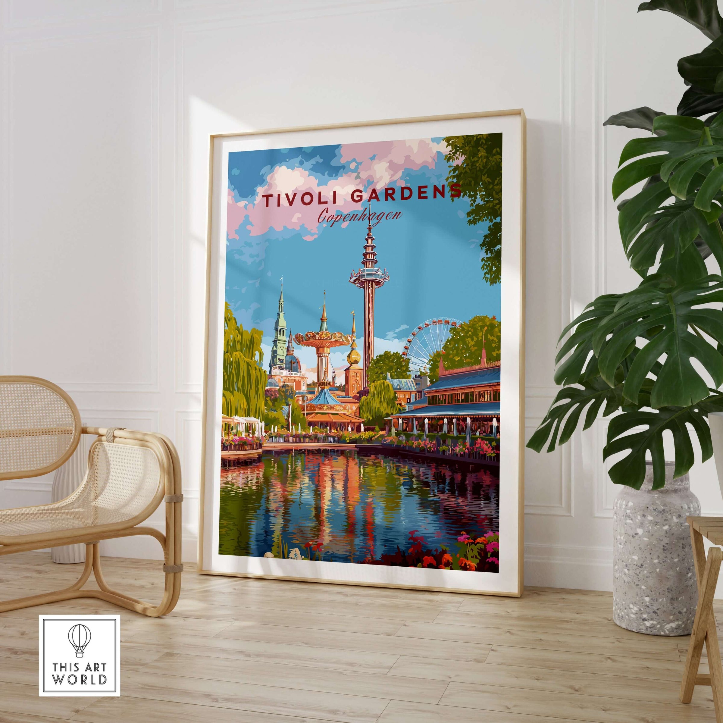 Tivoli Gardens Copenhagen Wall Art Print - Denmark Poster showcasing vibrant colors and iconic amusement park features.