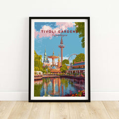 Tivoli Gardens Copenhagen Wall Art Print - Denmark Poster featuring vibrant amusement park scene and reflections.