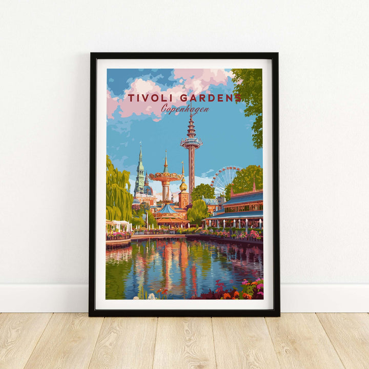 Tivoli Gardens Copenhagen wall art print featuring vibrant amusement park scenery and reflections in water.