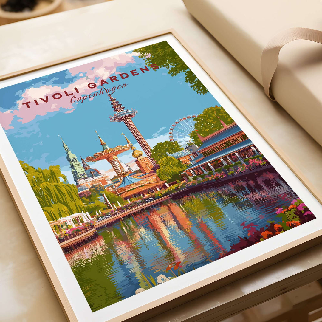 Tivoli Gardens Copenhagen wall art print showcasing vibrant amusement park scenery and reflections in water.