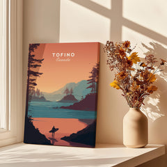 Tofino Canada Travel Poster | Sunset Beach Landscape Wall Art Print displayed near a vase with flowers.