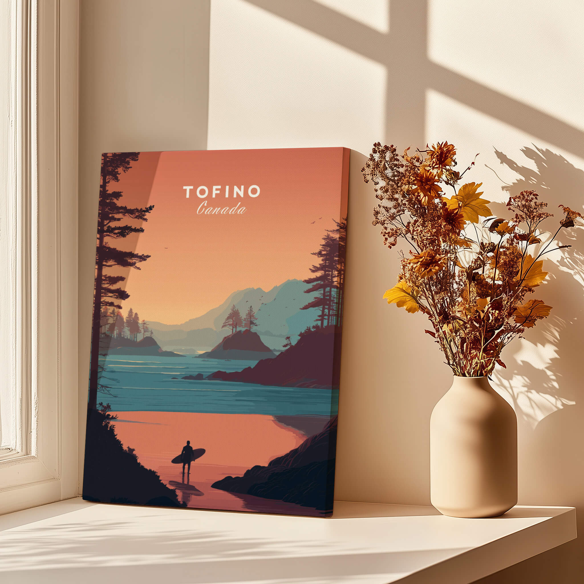 Tofino Canada Travel Poster | Sunset Beach Landscape Wall Art Print displayed near a vase with flowers.