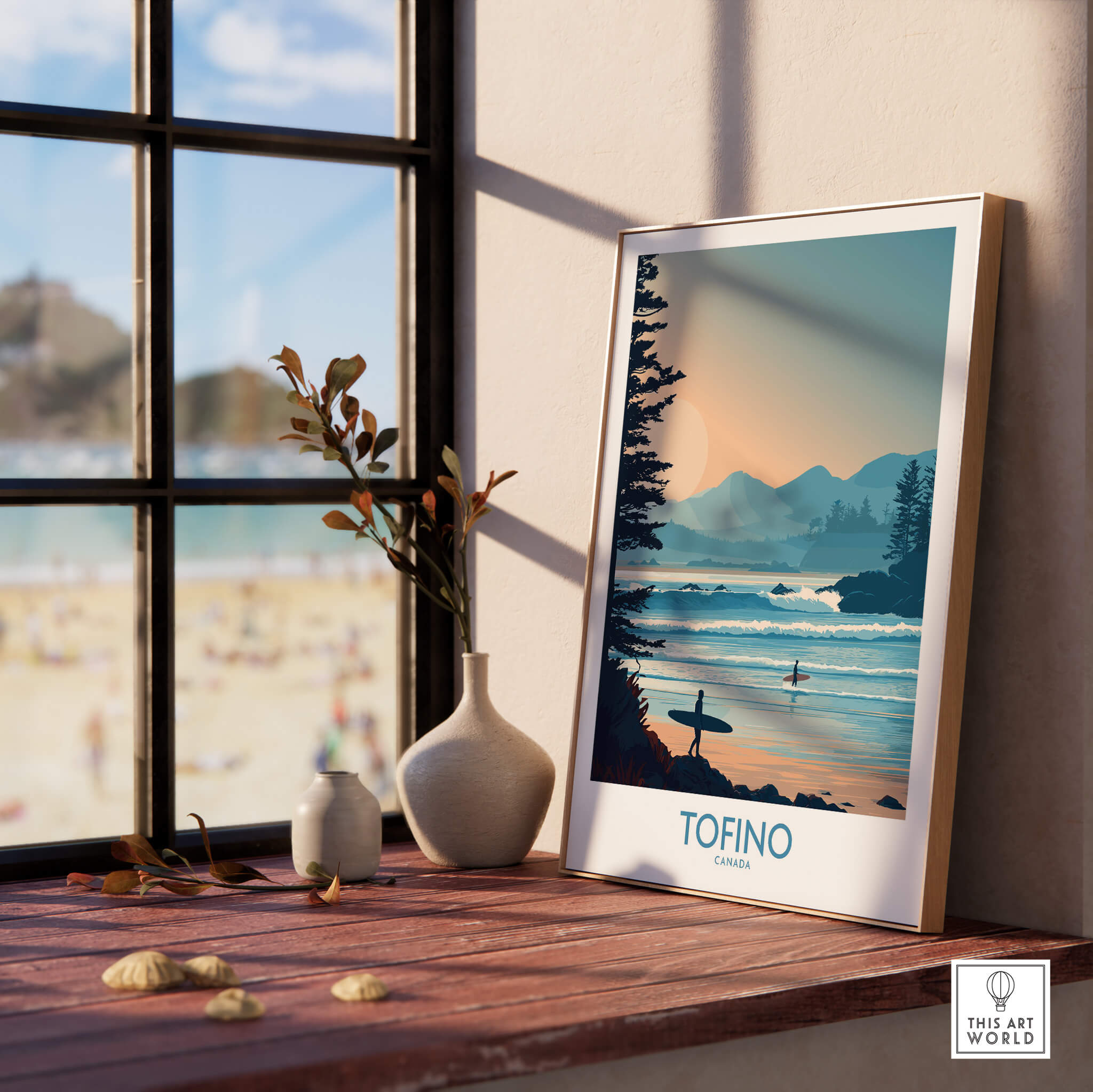 Tofino Canada Poster | British Columbia Coastal Sunset Canvas Print displayed in a cozy interior with a beach view.