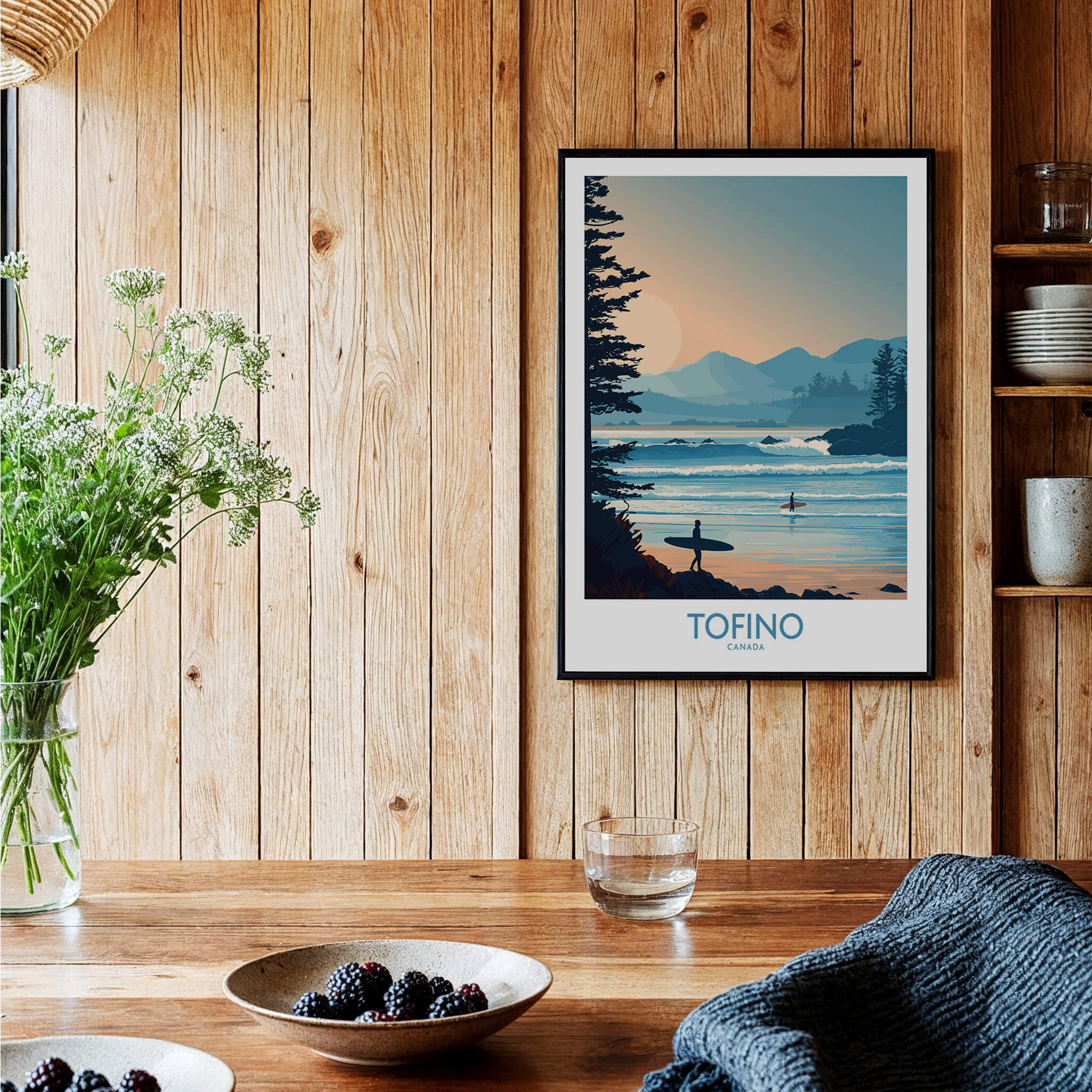 Tofino Canada Poster | British Columbia Coastal Sunset Canvas Print displayed in a rustic wooden setting.