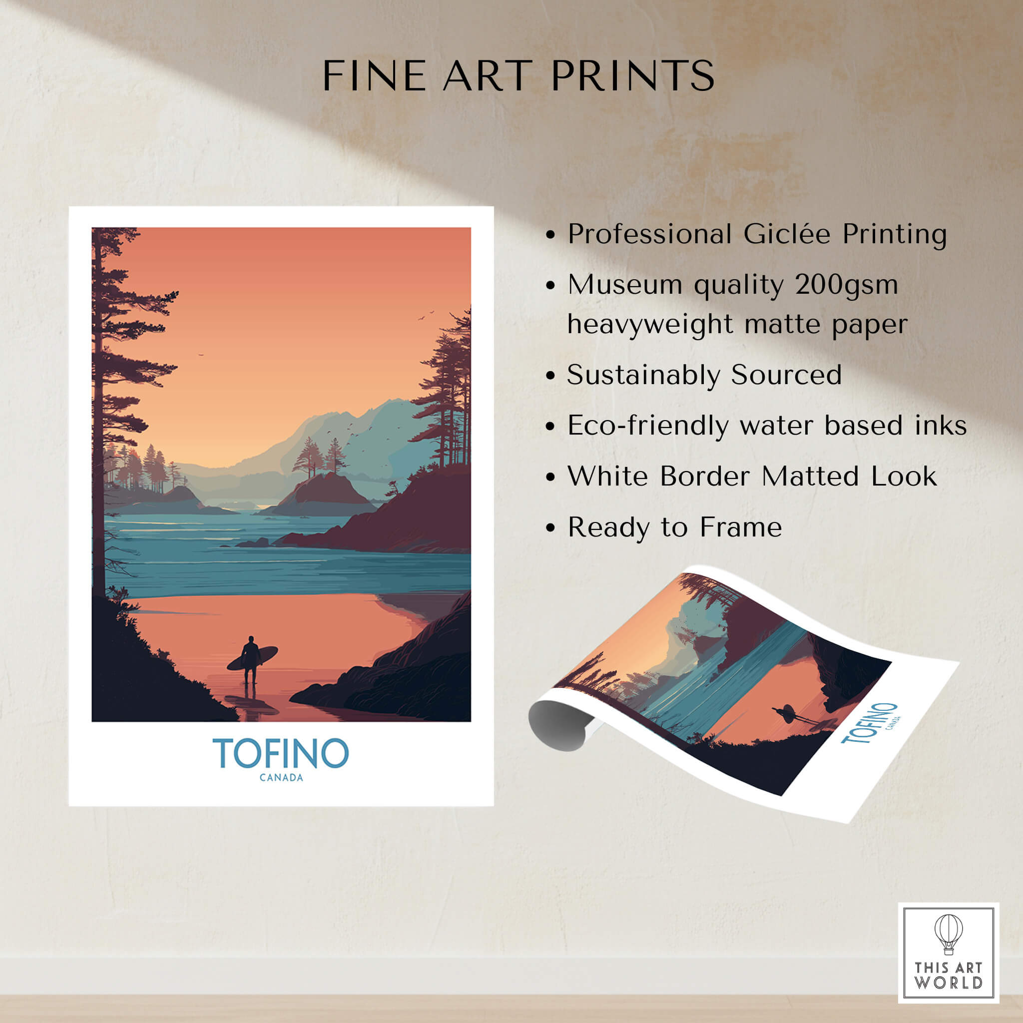 Tofino Canada Canvas Print | Coastal Pine Tree & Ocean View Poster showcasing professional Giclée printing.