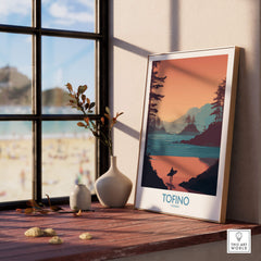 Tofino Canada Canvas Print | Coastal Pine Tree & Ocean View Poster displayed in a cozy interior setting.