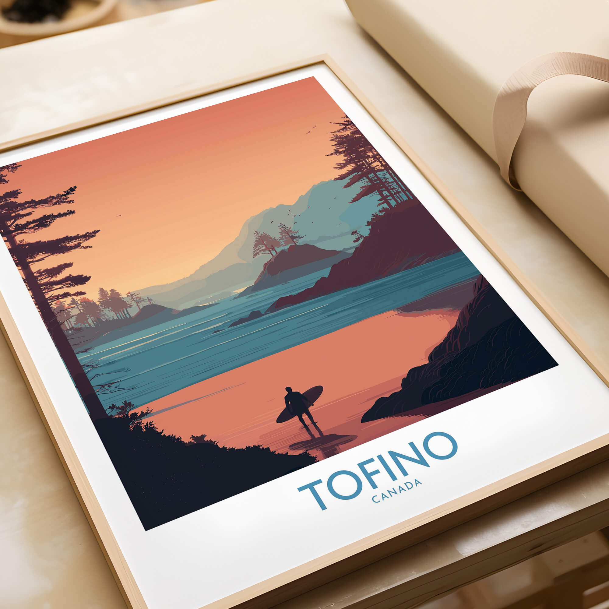 Tofino Canada Canvas Print | Coastal Pine Tree & Ocean View Poster displayed on a wooden surface with vibrant colors.
