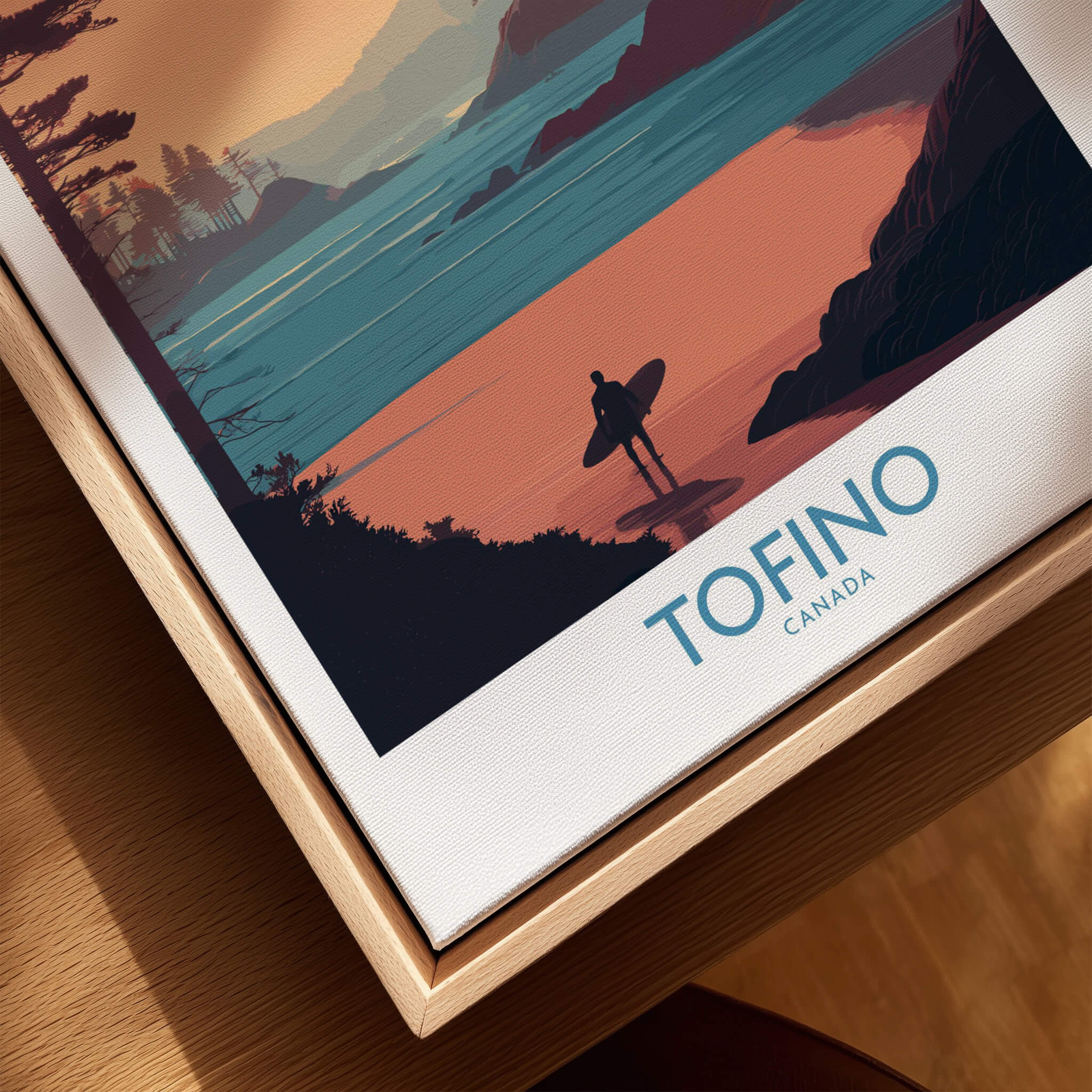 Tofino Canada Canvas Print | Coastal Pine Tree & Ocean View Poster showcasing surfer silhouette and ocean landscape.