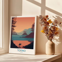 Tofino Canada Canvas Print | Coastal Pine Tree & Ocean View Poster displayed in a sunny room with flowers.