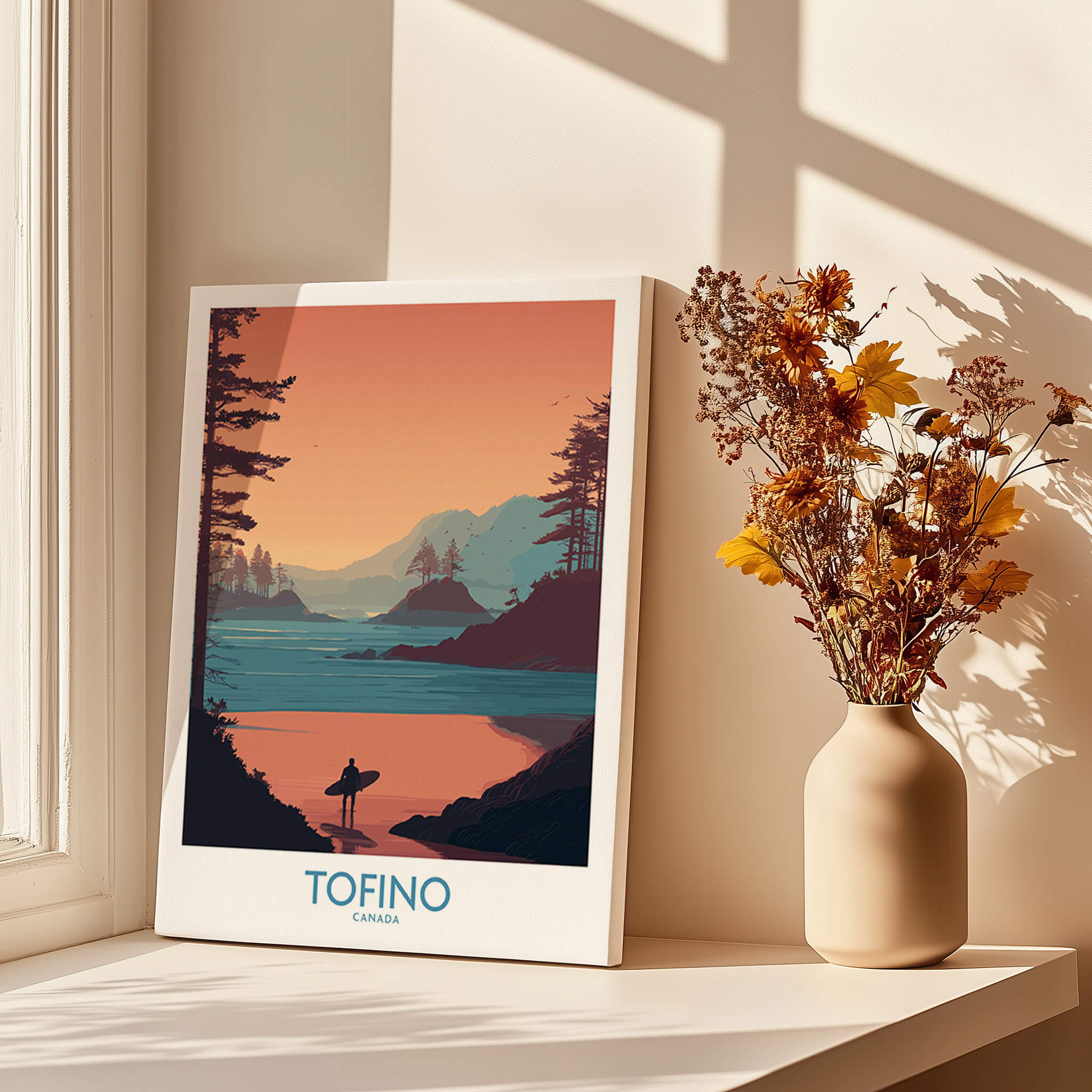 Tofino Canada Canvas Print | Coastal Pine Tree & Ocean View Poster displayed in a sunny room with flowers.