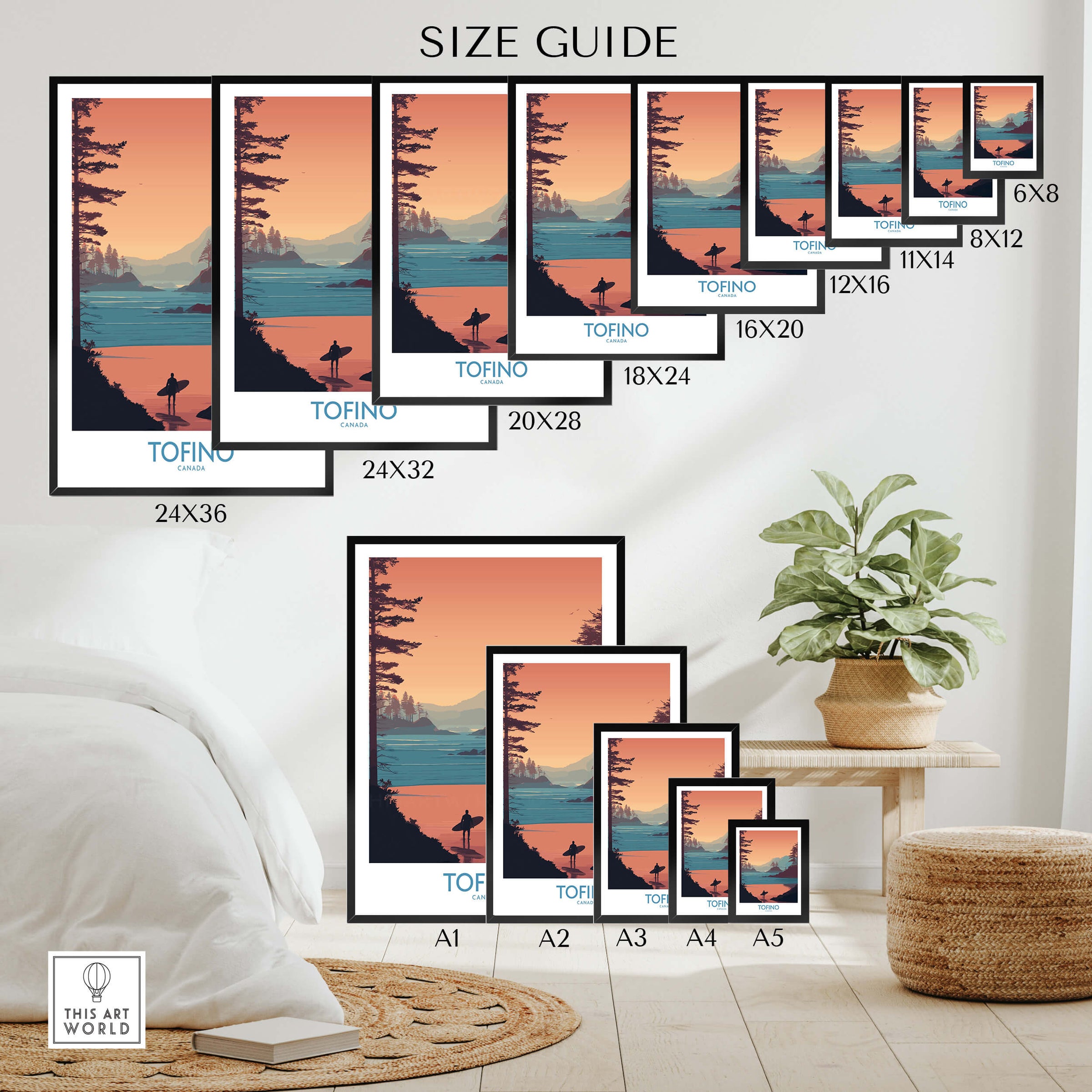 Tofino Canada Canvas Print | Coastal Pine Tree & Ocean View Poster size guide illustration showcasing various frame sizes.