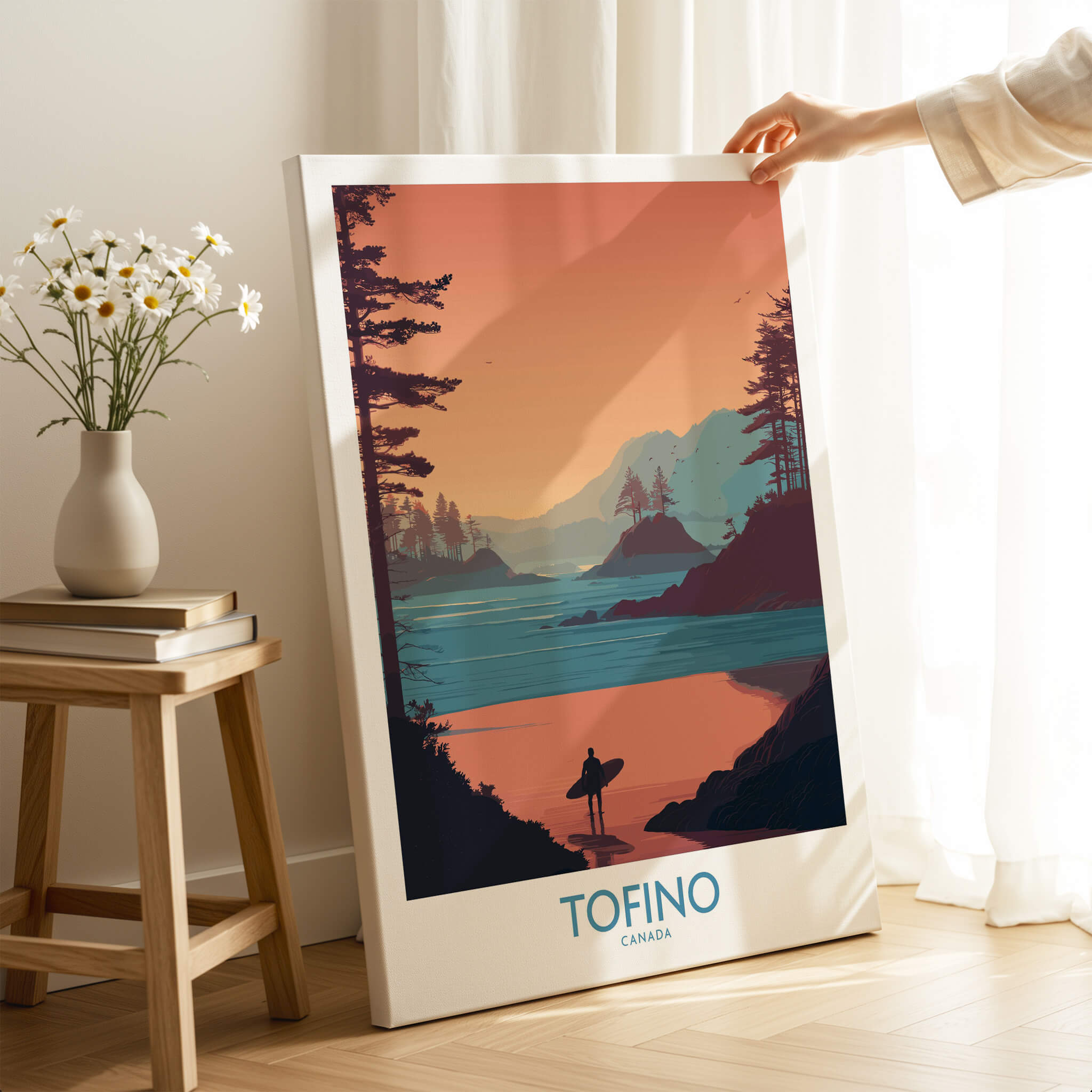 Tofino Canada Canvas Print | Coastal Pine Tree & Ocean View Poster with a scenic ocean landscape.