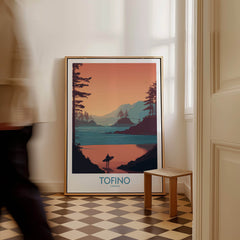 Tofino Canada Canvas Print | Coastal Pine Tree & Ocean View Poster displayed indoors near a chair