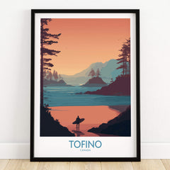 Tofino Canada Canvas Print | Coastal Pine Tree & Ocean View Poster depicting a surfer at sunset in Tofino.