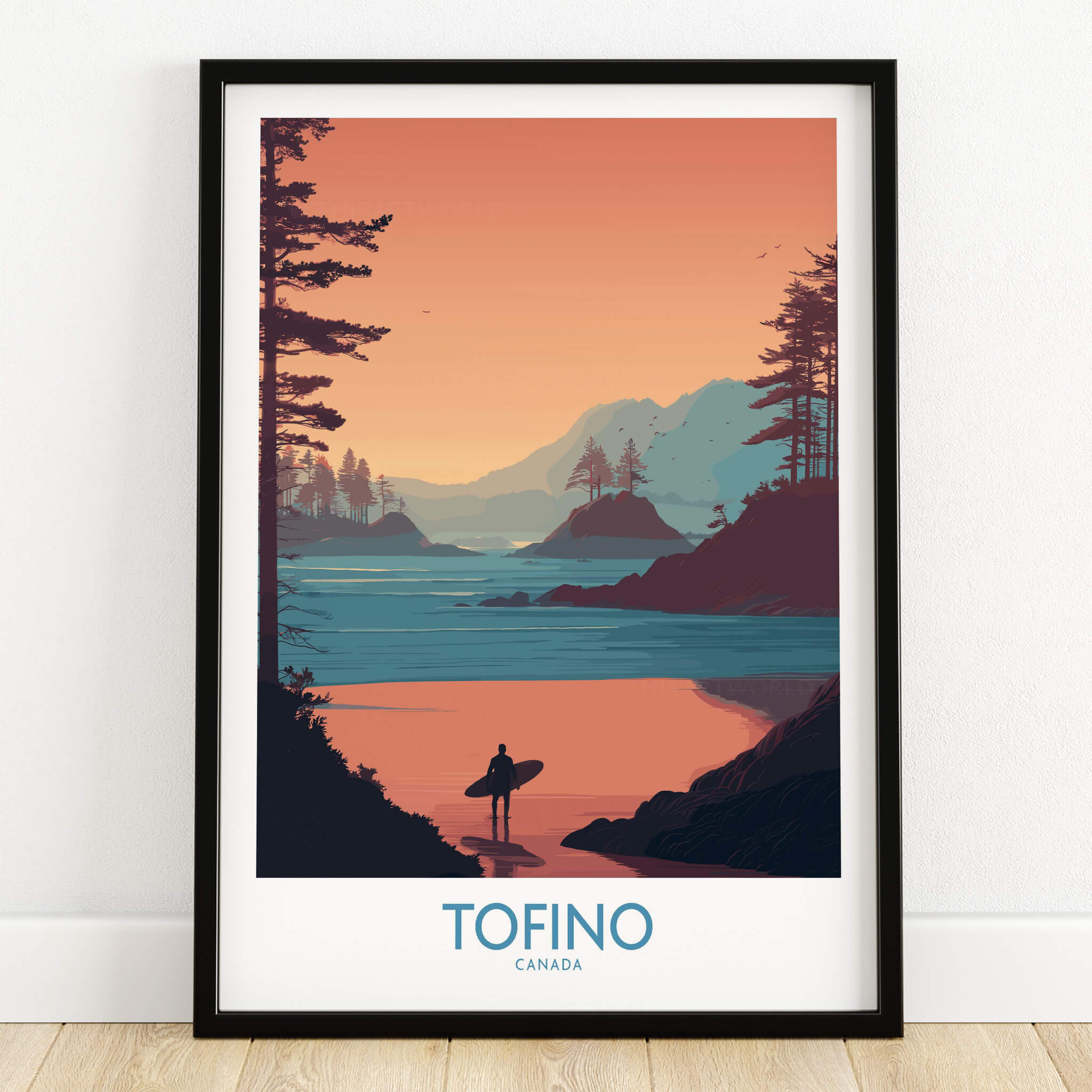Tofino Canada Canvas Print | Coastal Pine Tree & Ocean View Poster depicting a surfer at sunset in Tofino.