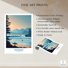 Tofino Canada Poster | British Columbia Coastal Sunset Canvas Print showcasing surfers and scenic mountainous landscape.