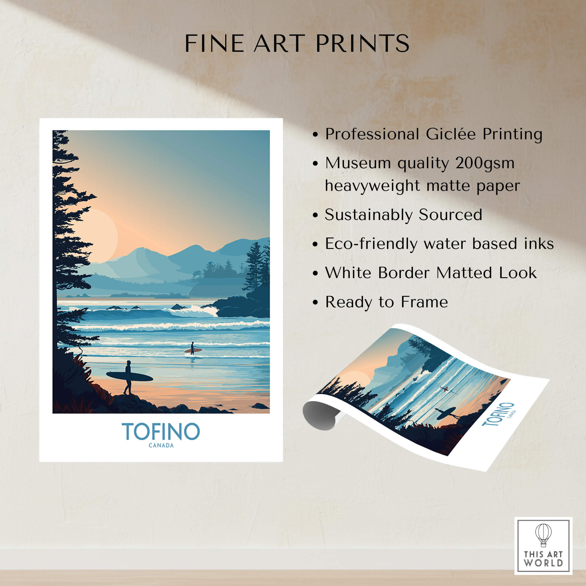 Tofino Canada Poster | British Columbia Coastal Sunset Canvas Print showcasing surfers and scenic mountainous landscape.