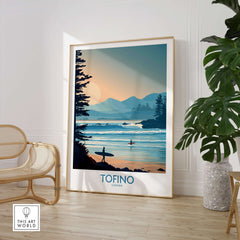 Tofino Canada Poster | British Columbia Coastal Sunset Canvas Print displayed in a stylish living room setting.