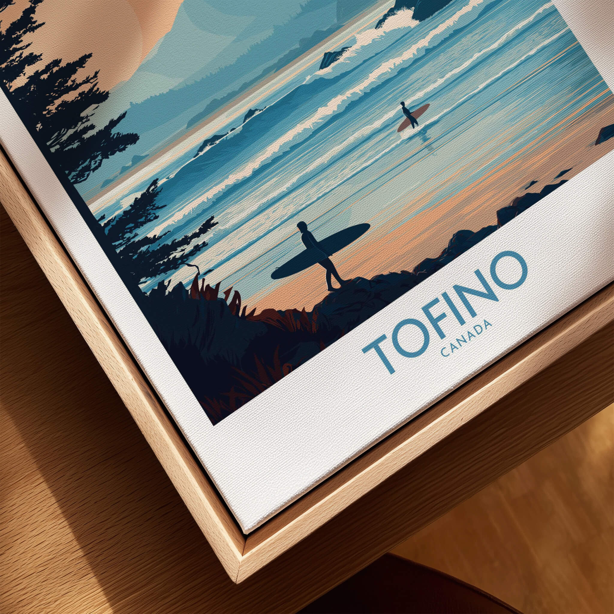 Tofino Canada Poster | British Columbia Coastal Sunset Canvas Print featuring surfers and beautiful coastal scenery.