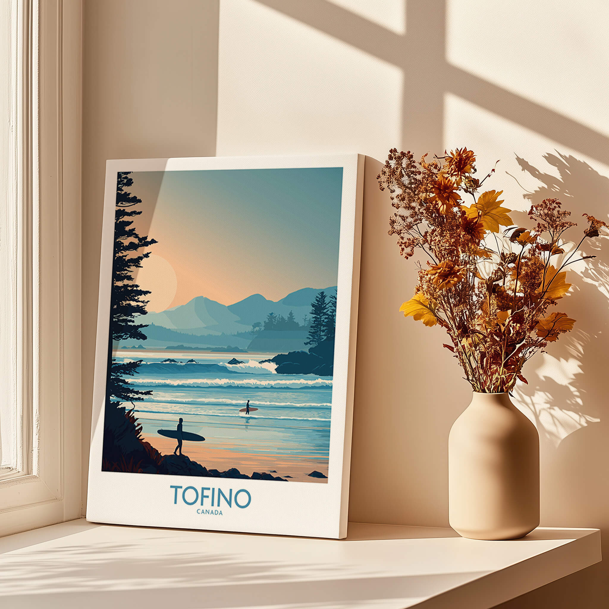Tofino Canada Poster | British Columbia Coastal Sunset Canvas Print featuring surfers and stunning coastal scenery