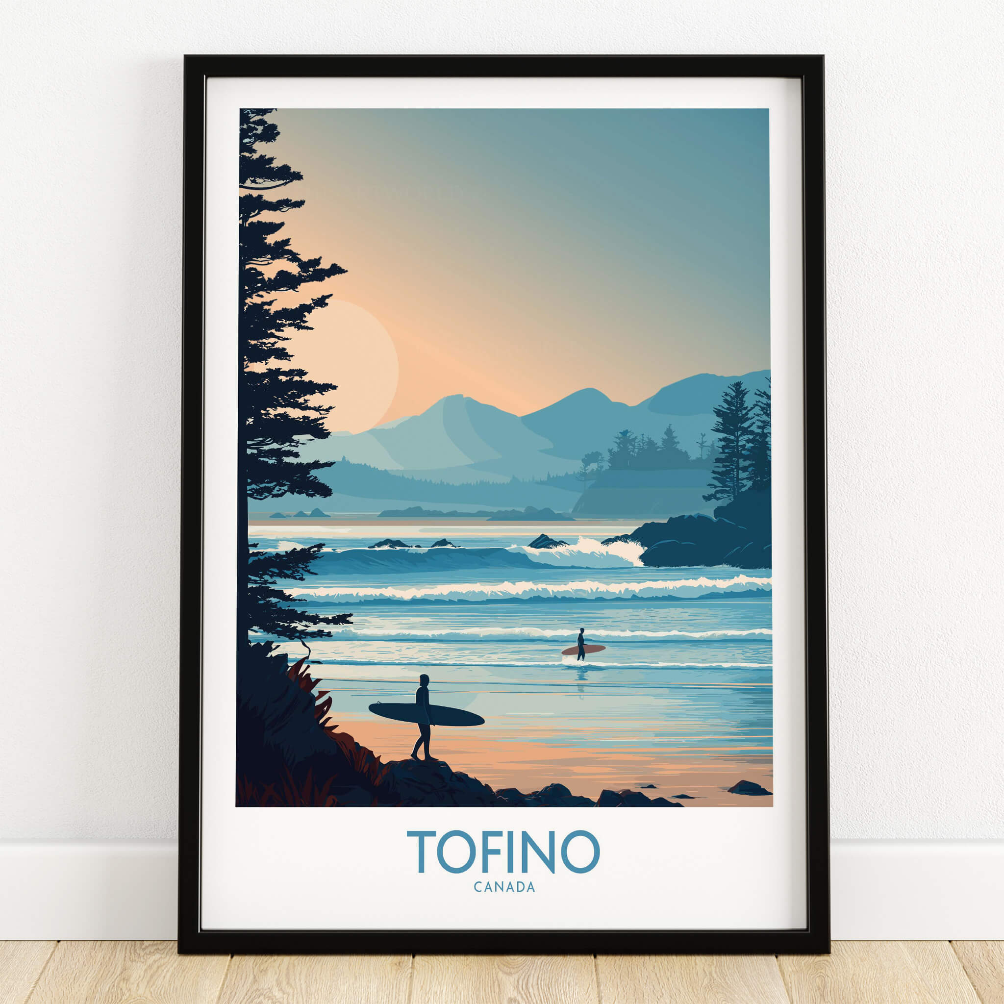 Tofino Canada Poster | British Columbia Coastal Sunset Canvas Print featuring surfers and sunset over the ocean.