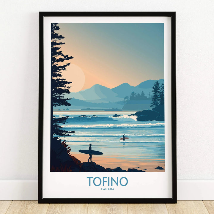 Tofino Canada Poster | British Columbia Coastal Sunset Canvas Print featuring surfers and sunset over the ocean.