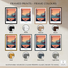 Tofino Canada Canvas Print | Coastal Pine Tree & Ocean View Poster shown in various frame colors: black, white, natural, brown, gold, silver, dark grey, light grey.