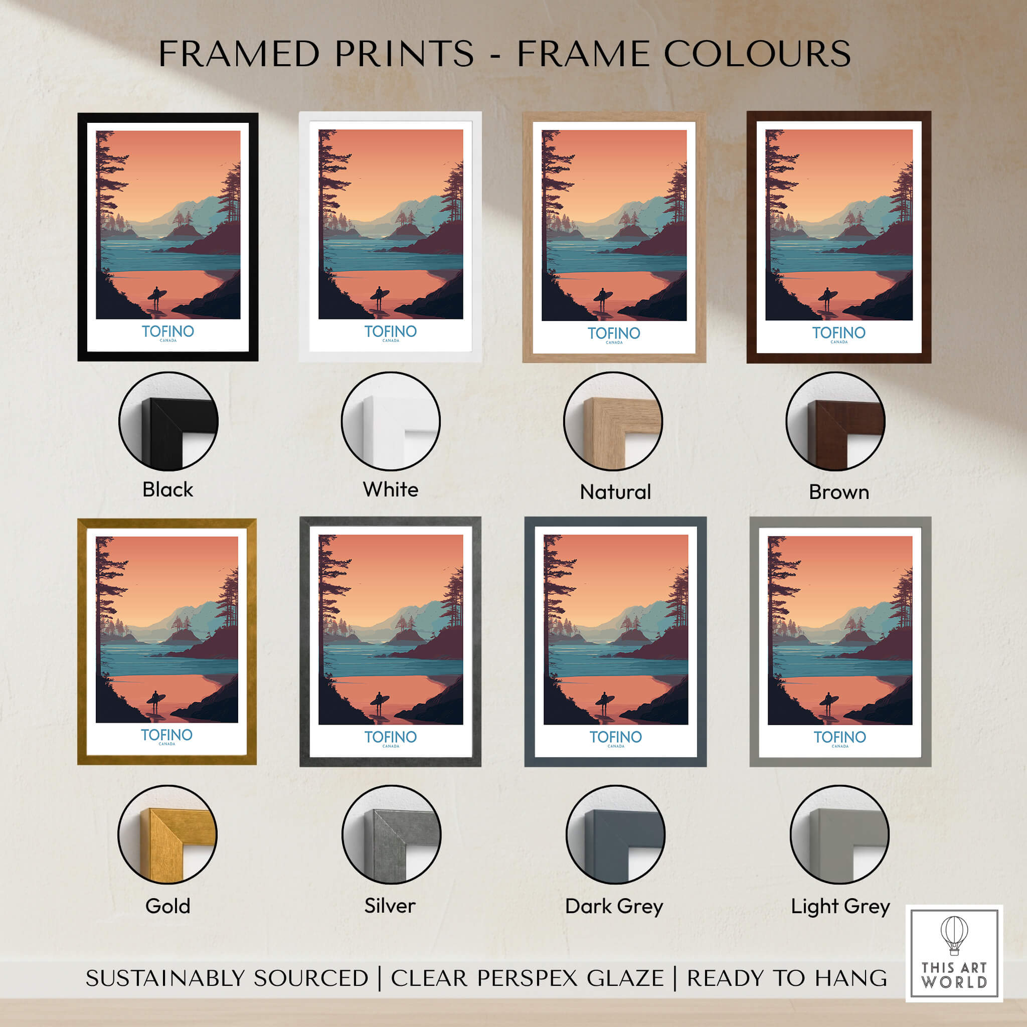 Tofino Canada Canvas Print | Coastal Pine Tree & Ocean View Poster shown in various frame colors: black, white, natural, brown, gold, silver, dark grey, light grey.