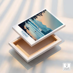 Tofino Canada Poster | British Columbia Coastal Sunset Canvas Print showcasing a serene beach scene with mountains and ocean.