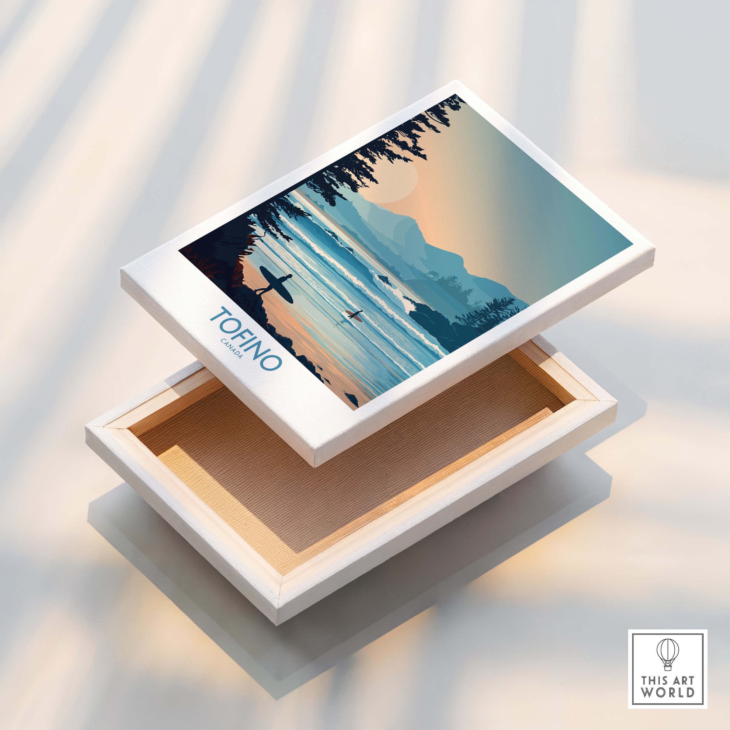 Tofino Canada Poster | British Columbia Coastal Sunset Canvas Print showcasing a serene beach scene with mountains and ocean.