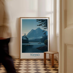 Tofino Canada Poster | Serene Canoe Landscape Scene Canvas Print displayed in a stylish interior.