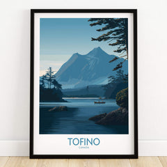Tofino Canada Poster | Serene Canoe Landscape Scene Canvas Print featuring a tranquil mountain and water scene.