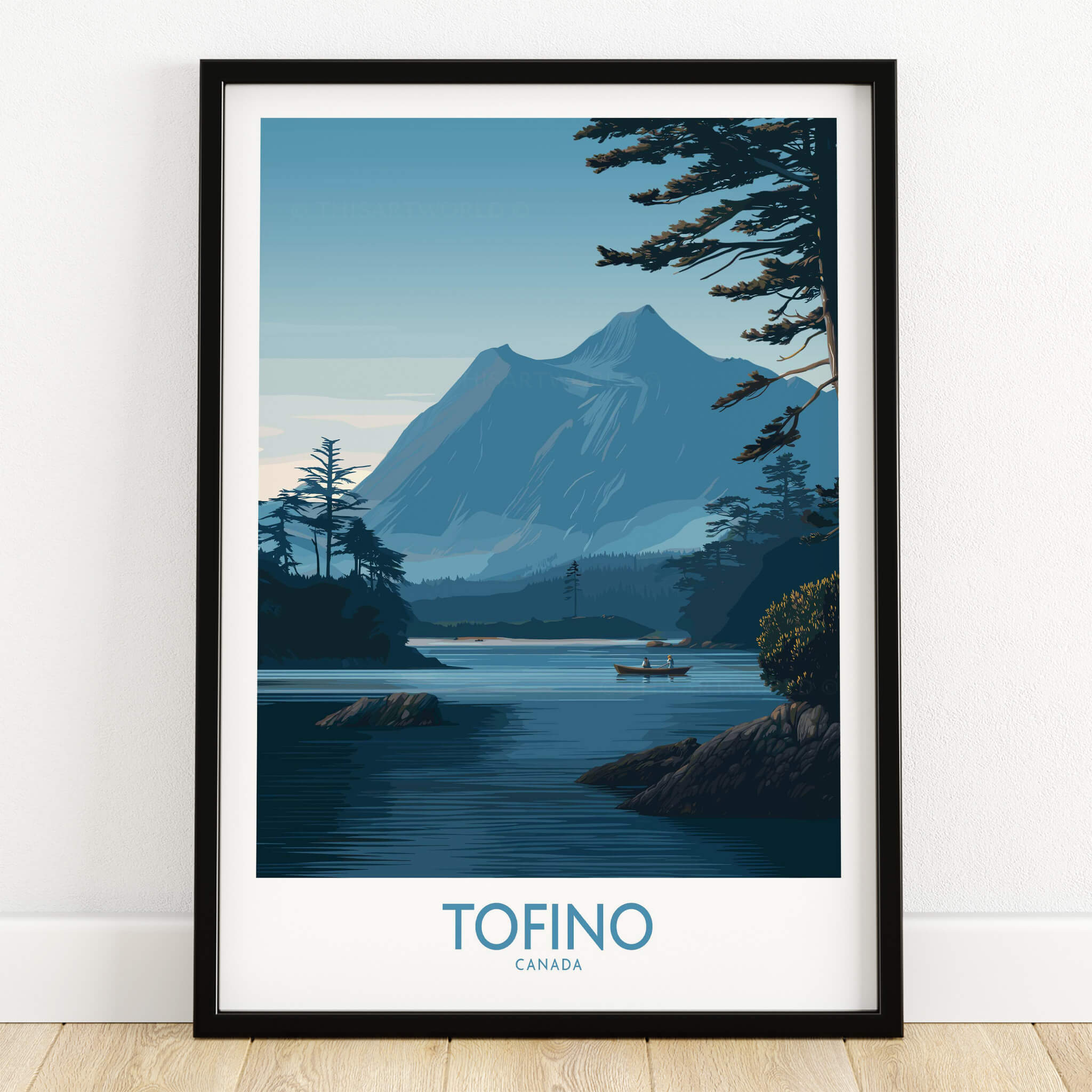 Tofino Canada Poster | Serene Canoe Landscape Scene Canvas Print featuring a tranquil mountain and water scene.