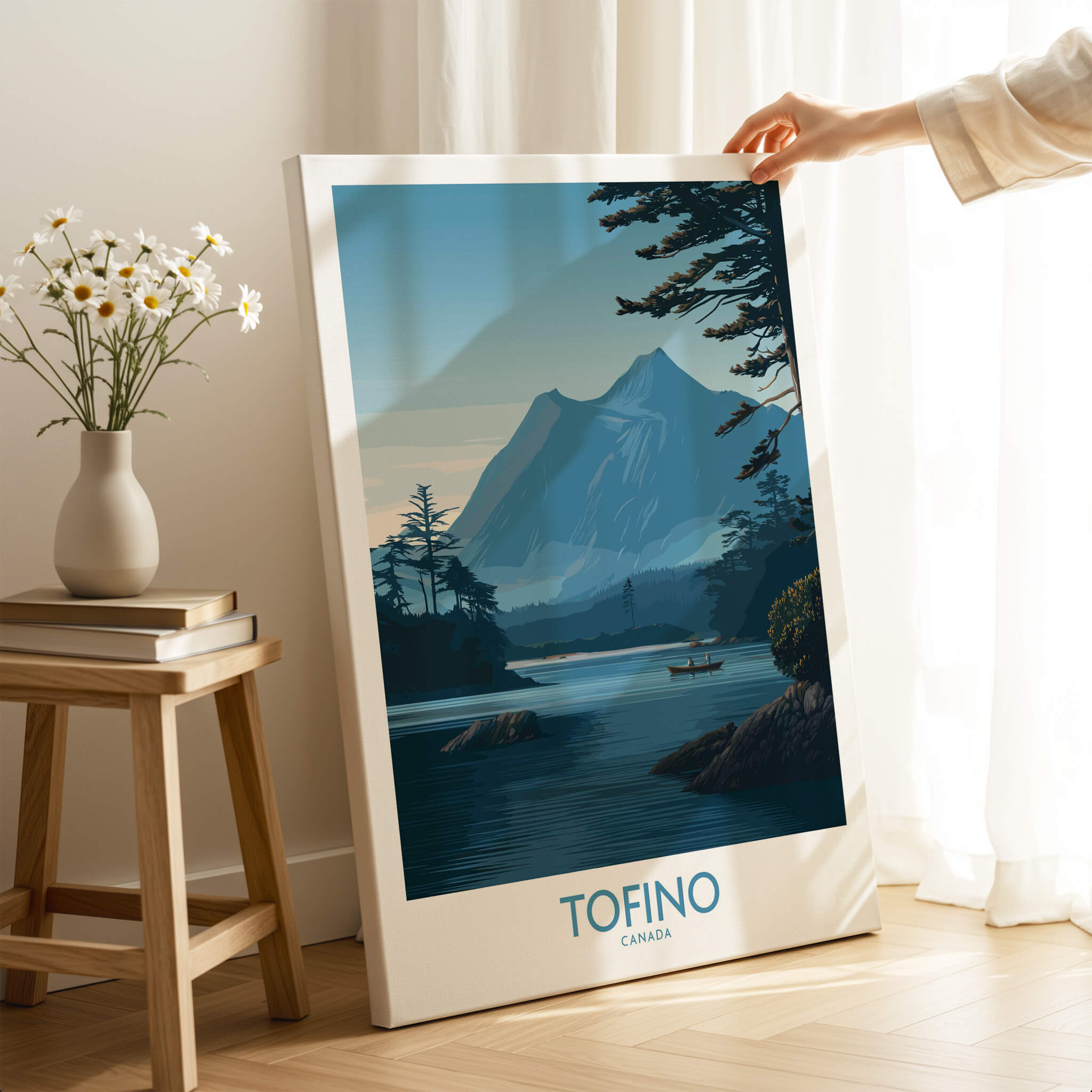 Tofino Canada Poster | Serene Canoe Landscape Scene Canvas Print displayed in a cozy room with natural light.