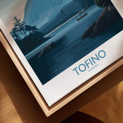 Tofino Canada Poster | Serene Canoe Landscape Scene Canvas Print displayed on a wooden surface.