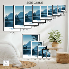 Tofino Canada Poster | Serene Canoe Landscape Scene Canvas Print size guide with various frame dimensions.