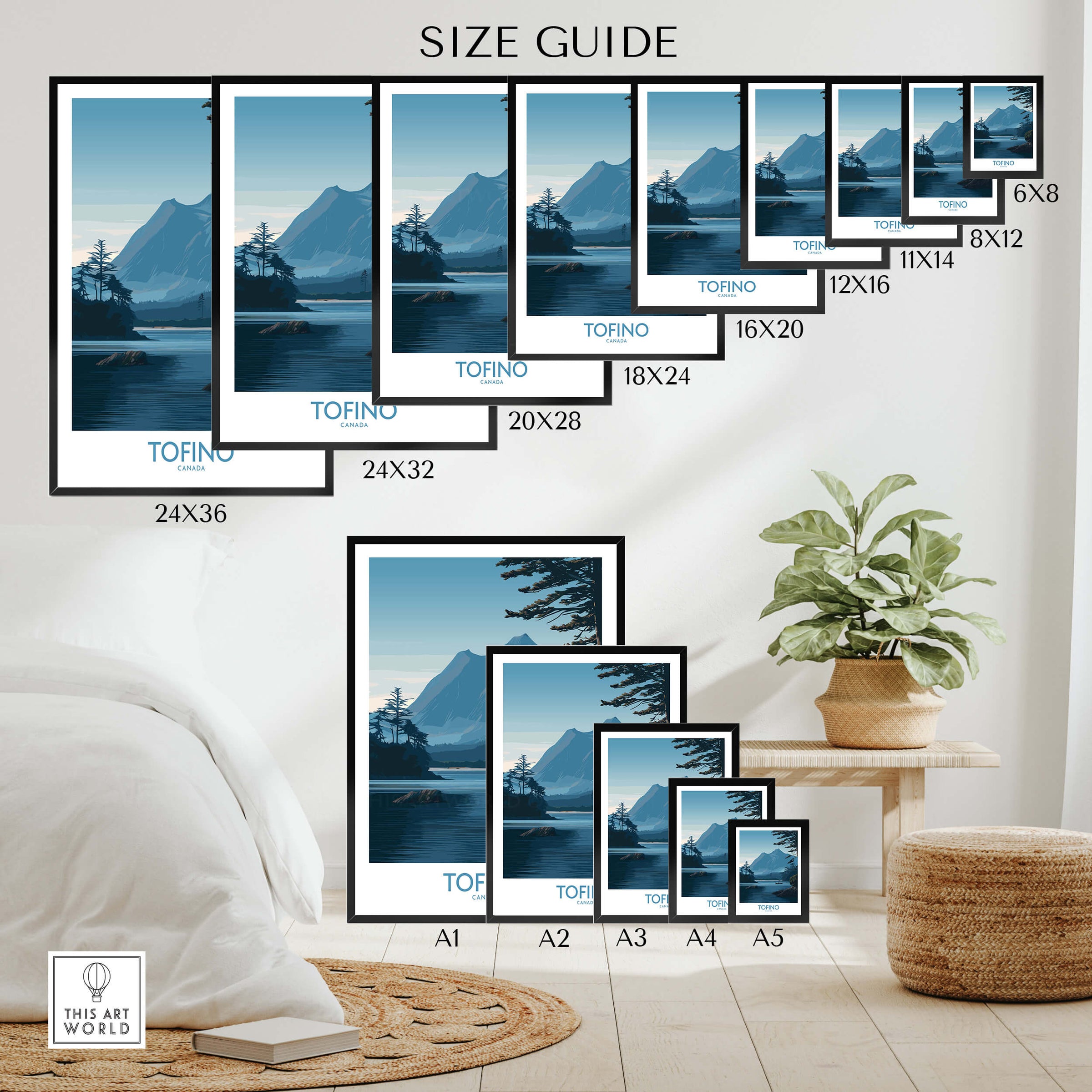 Tofino Canada Poster | Serene Canoe Landscape Scene Canvas Print size guide with various frame dimensions.