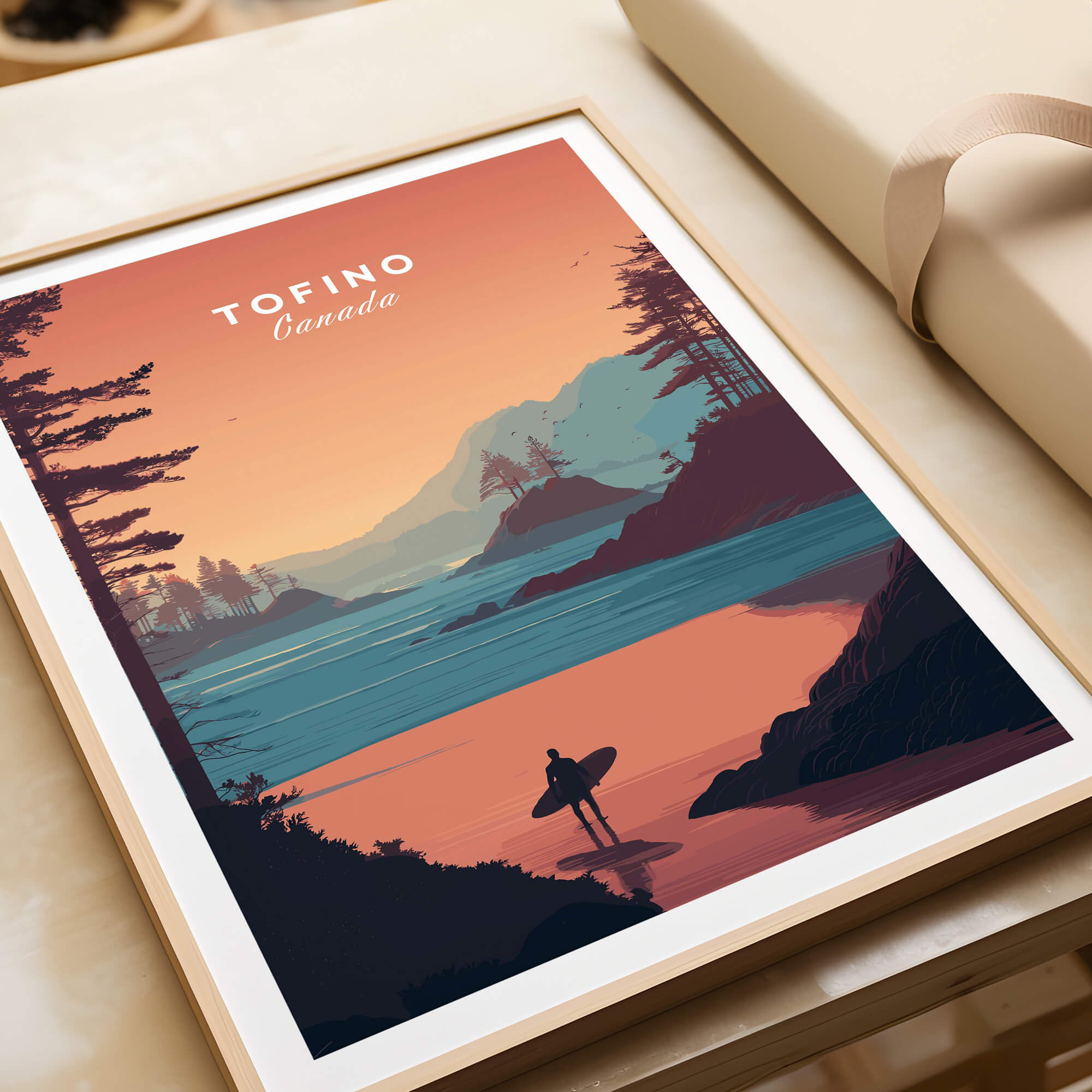 Tofino Canada Travel Poster | Sunset Beach Landscape Wall Art Print featuring a surfer beside a serene lake at sunset.