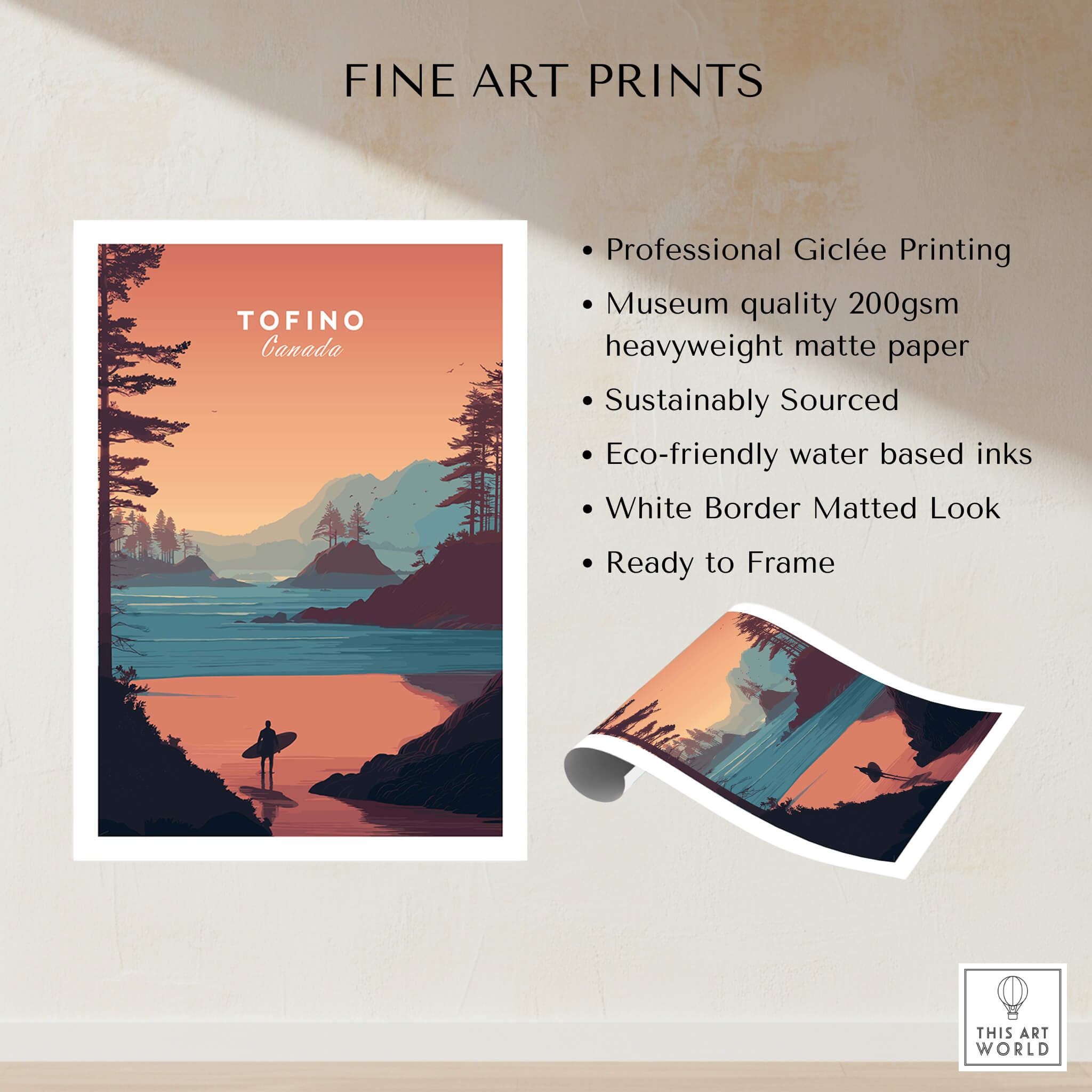 Tofino Canada Travel Poster | Sunset Beach Landscape Wall Art Print featuring serene sunset over coastal landscape.