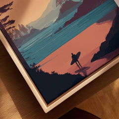 Tofino Canada Travel Poster | Sunset Beach Landscape Wall Art Print featuring a surfer silhouette at sunset near the ocean.