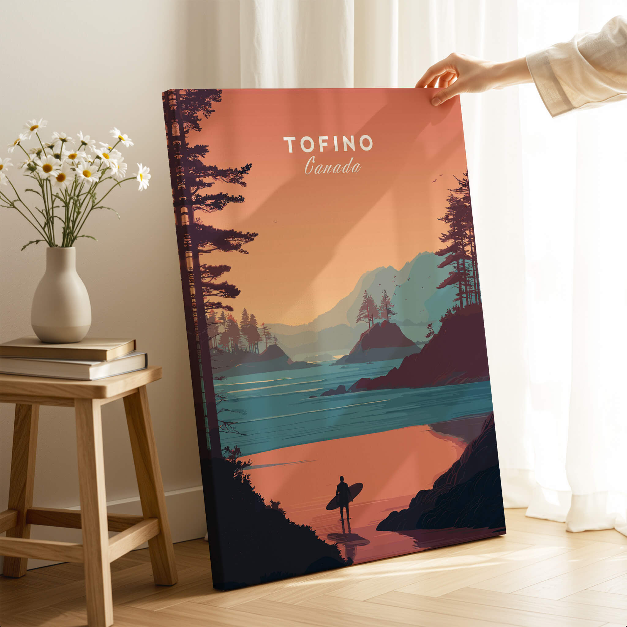 Tofino Canada Travel Poster | Sunset Beach Landscape Wall Art Print featuring a surfer against a scenic sunset backdrop.
