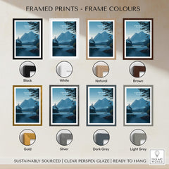 Tofino Canada Wall Art Print | Wilderness Lake and Mountain Travel Poster displayed in various frame colors.